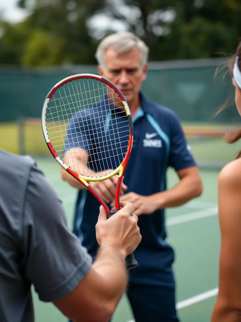 A close-up shot of a tennis coach providing personalized instruction to a player, emphasizing grip and swing technique at Tennis Club Vicois.
