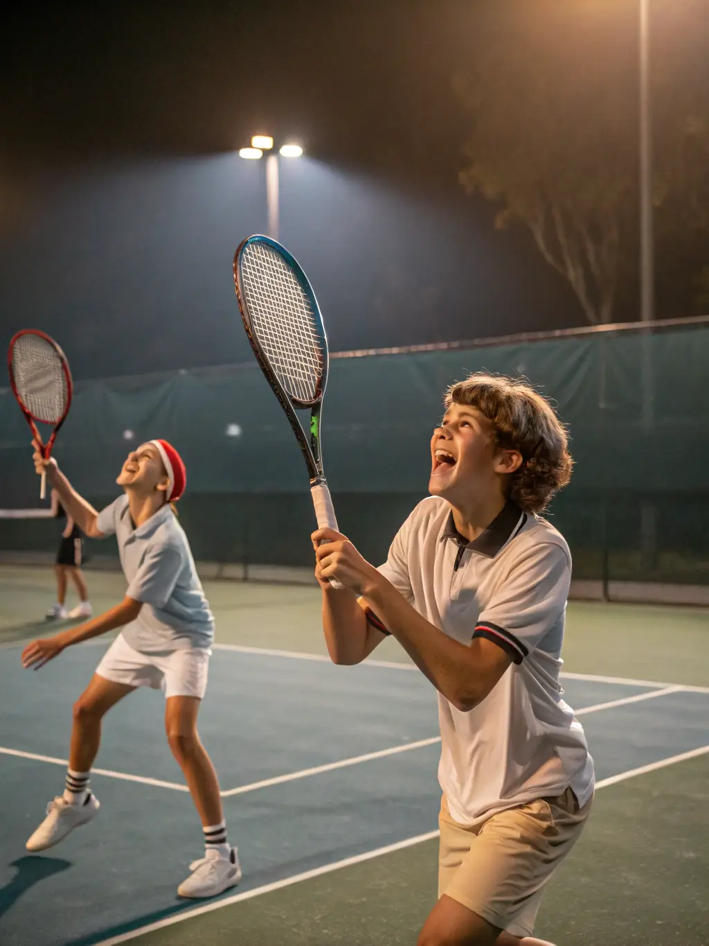 A dynamic image of adult players engaged in a fast-paced doubles match on a clay court, showcasing the competitive spirit and camaraderie at Tennis Club Vicois.