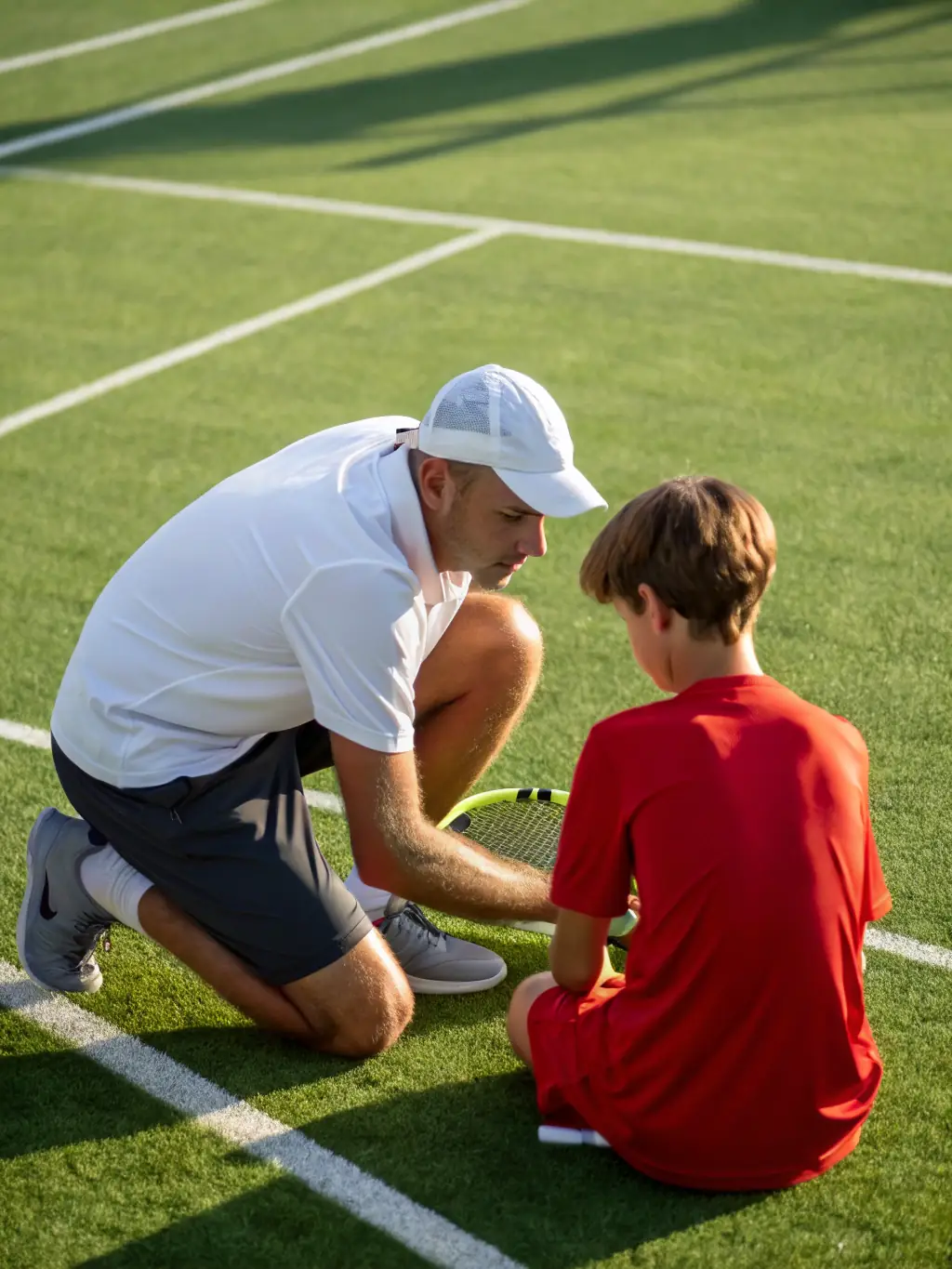 A coach providing personalized instruction to a tennis player at TCV, emphasizing the club's commitment to individual improvement.