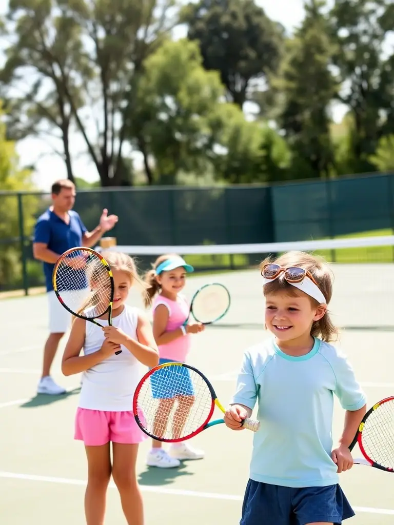 A group of young children participating in a beginner's tennis lesson, focusing on basic forehand technique with a coach's guidance on an outdoor court at Tennis Club Vicois.